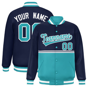 Custom Navy Aqua Varsity Full-Snap Color Block Letterman Jacket