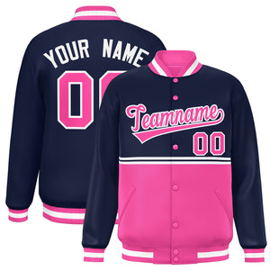 Custom Navy Pink Varsity Full-Snap Color Block Letterman Jacket