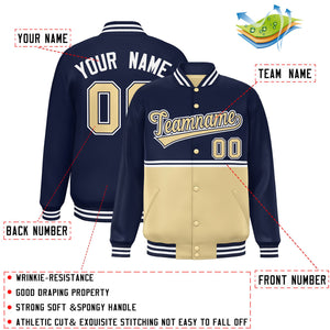 Custom Navy Khaki Varsity Full-Snap Color Block Letterman Jacket