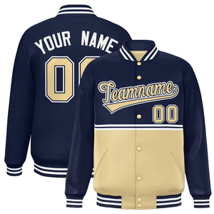 Custom Navy Khaki Varsity Full-Snap Color Block Letterman Jacket