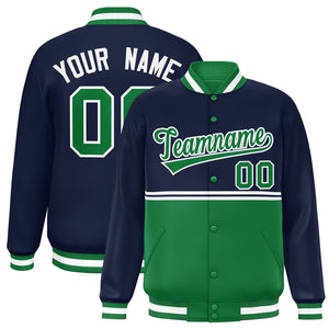 Custom Navy Kelly Green Varsity Full-Snap Color Block Letterman Jacket