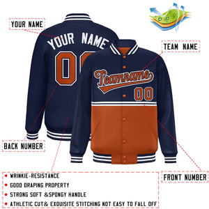 Custom Navy Texas Orange Varsity Full-Snap Color Block Letterman Jacket