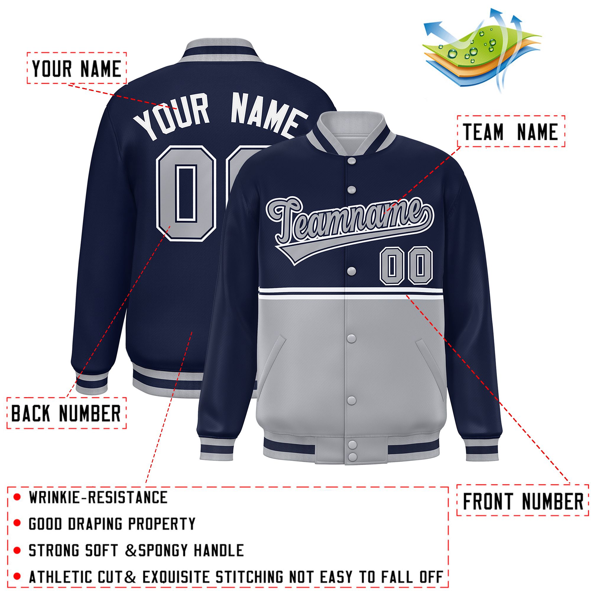 Custom Navy Gray Varsity Full-Snap Color Block Letterman Jacket