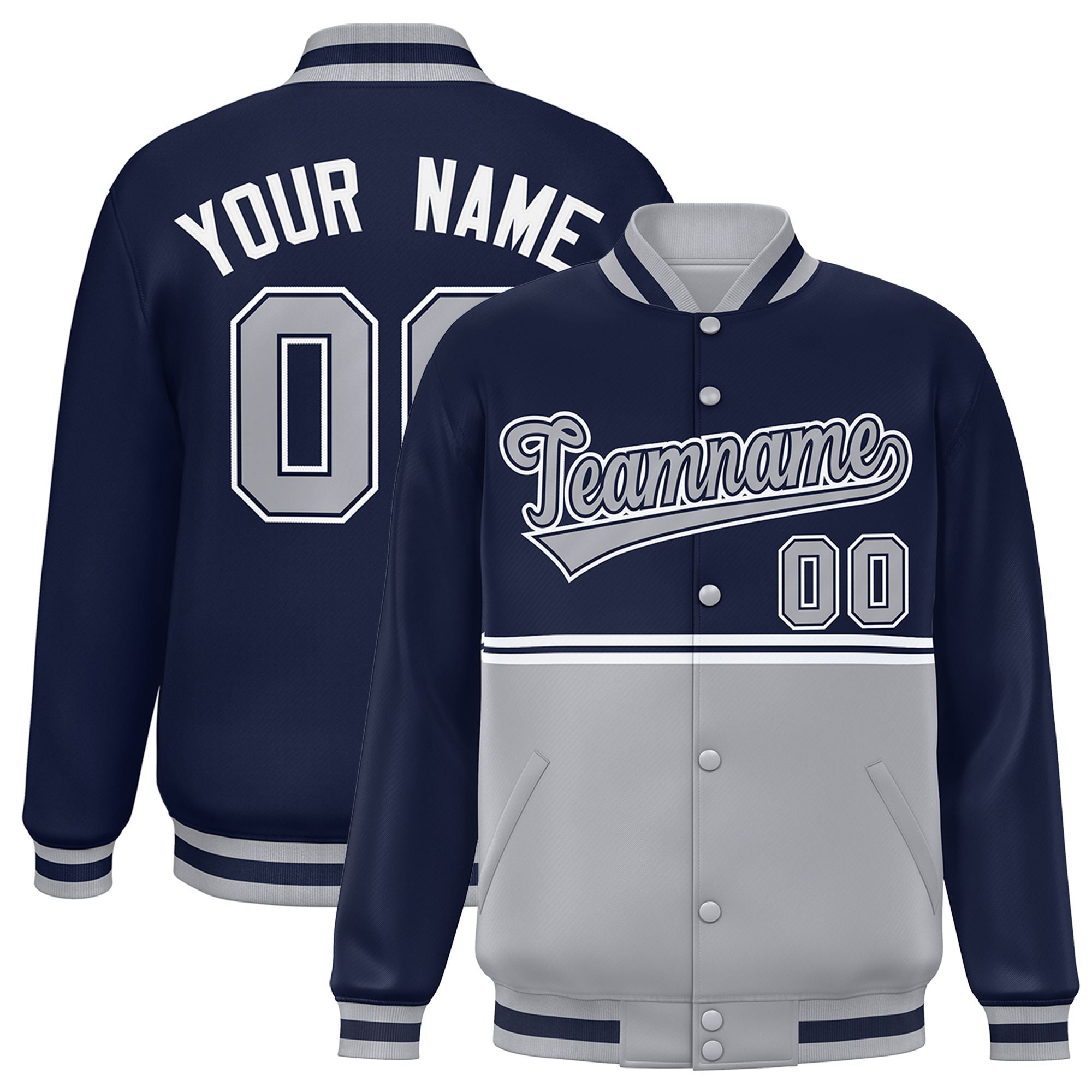 Custom Navy Gray Varsity Full-Snap Color Block Letterman Jacket