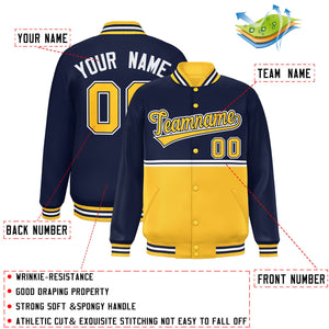 Custom Navy Gold Varsity Full-Snap Color Block Letterman Jacket