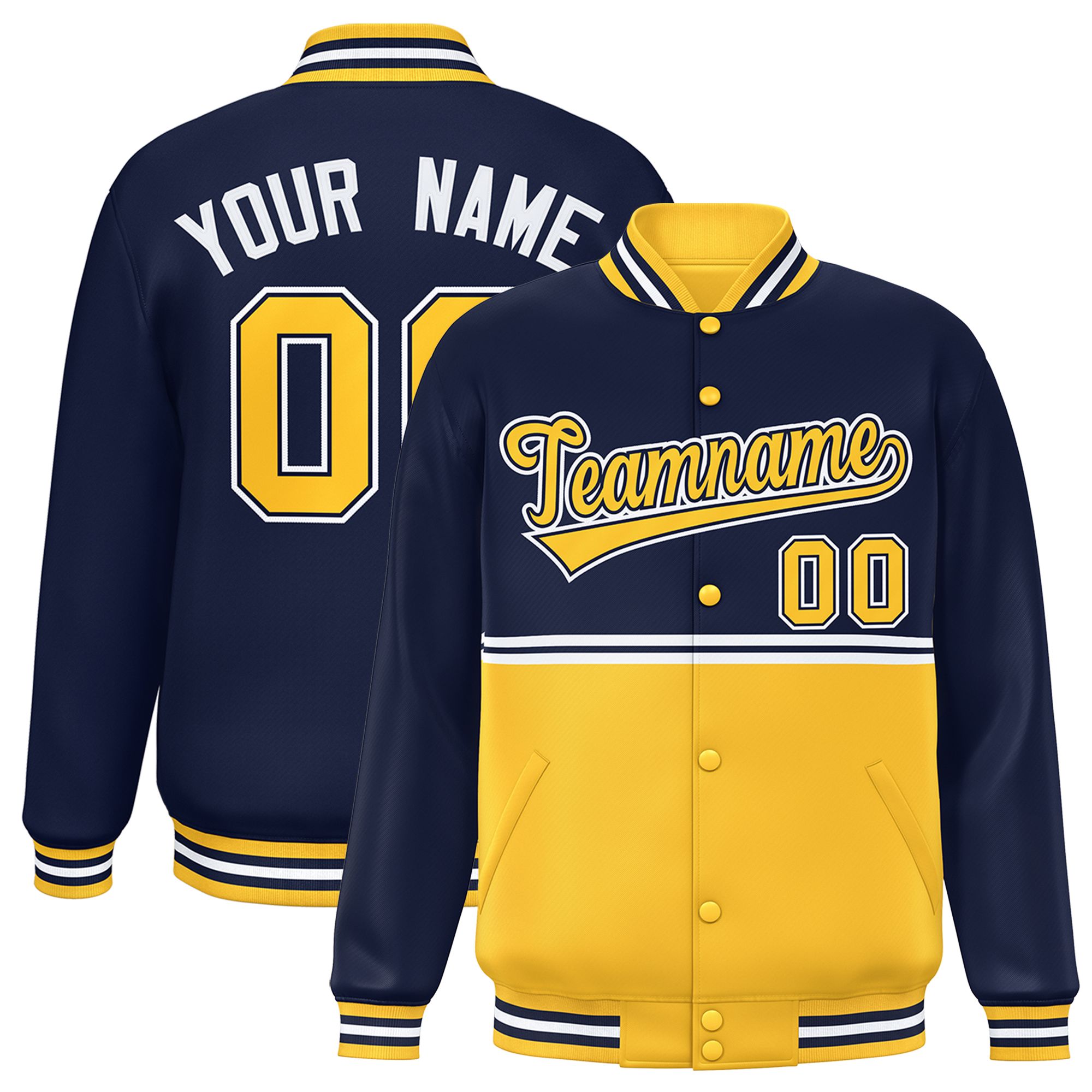 Custom Navy Gold Varsity Full-Snap Color Block Letterman Jacket