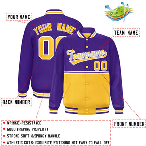 Custom Purple Gold Varsity Full-Snap Color Block Letterman Jacket