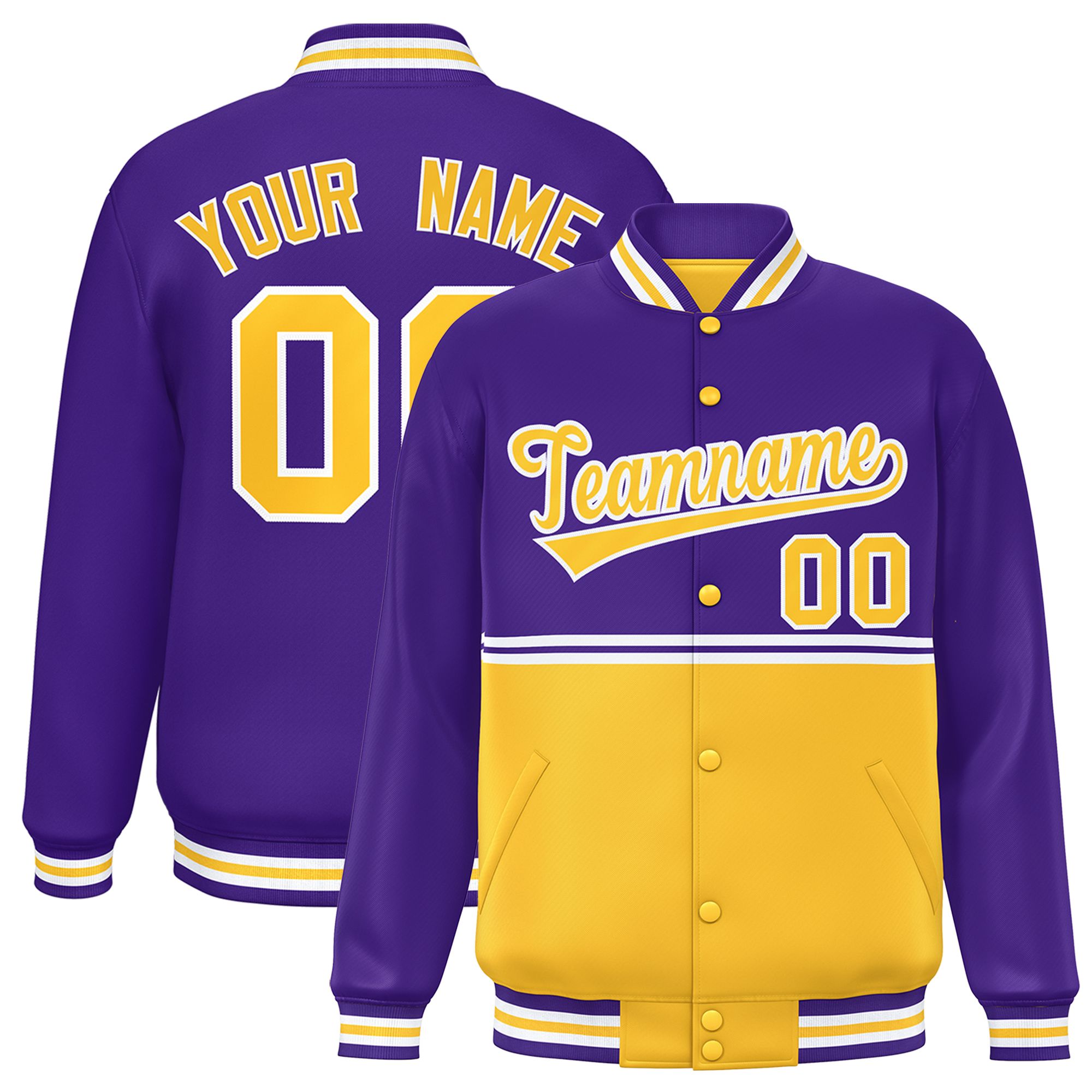 Custom Purple Gold Varsity Full-Snap Color Block Letterman Jacket