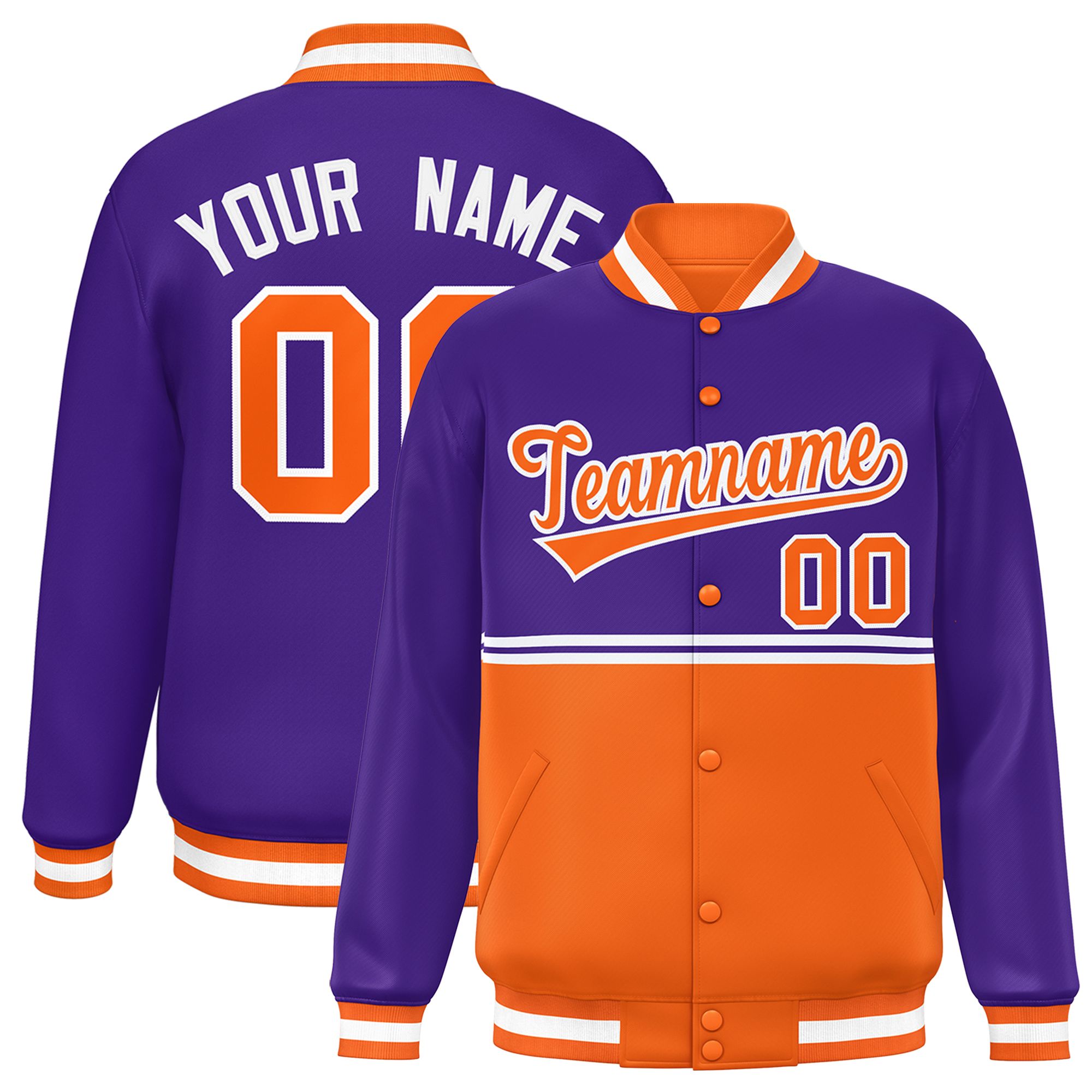 Custom Purple Orange Varsity Full-Snap Color Block Letterman Jacket