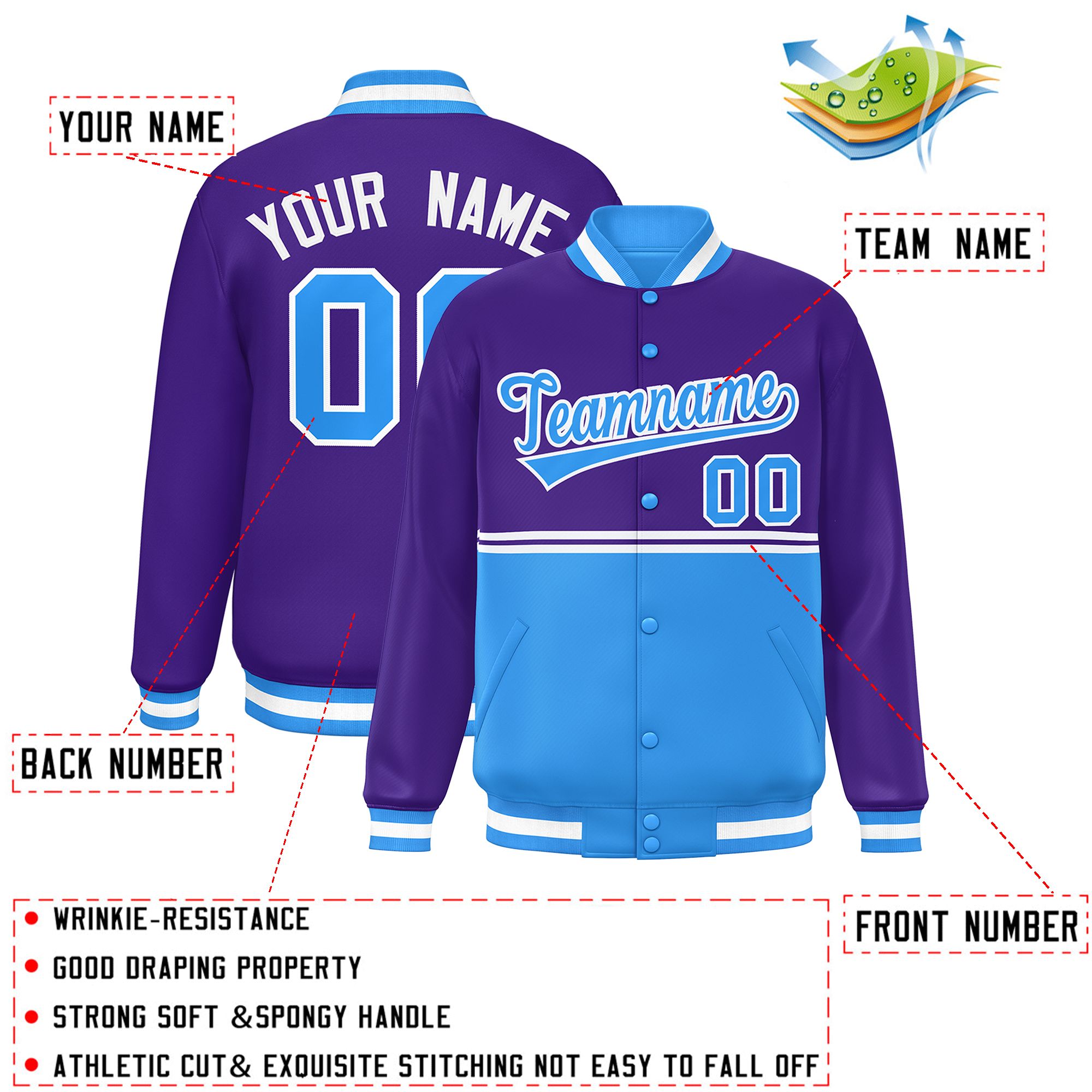 Custom Purple Powder Blue Varsity Full-Snap Color Block Letterman Jacket