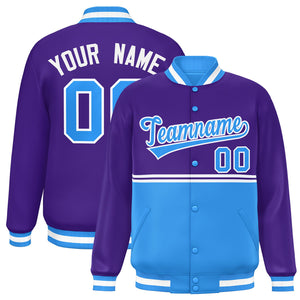 Custom Purple Powder Blue Varsity Full-Snap Color Block Letterman Jacket