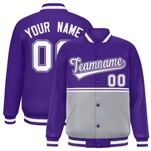 Custom Purple Gray Varsity Full-Snap Color Block Letterman Jacket