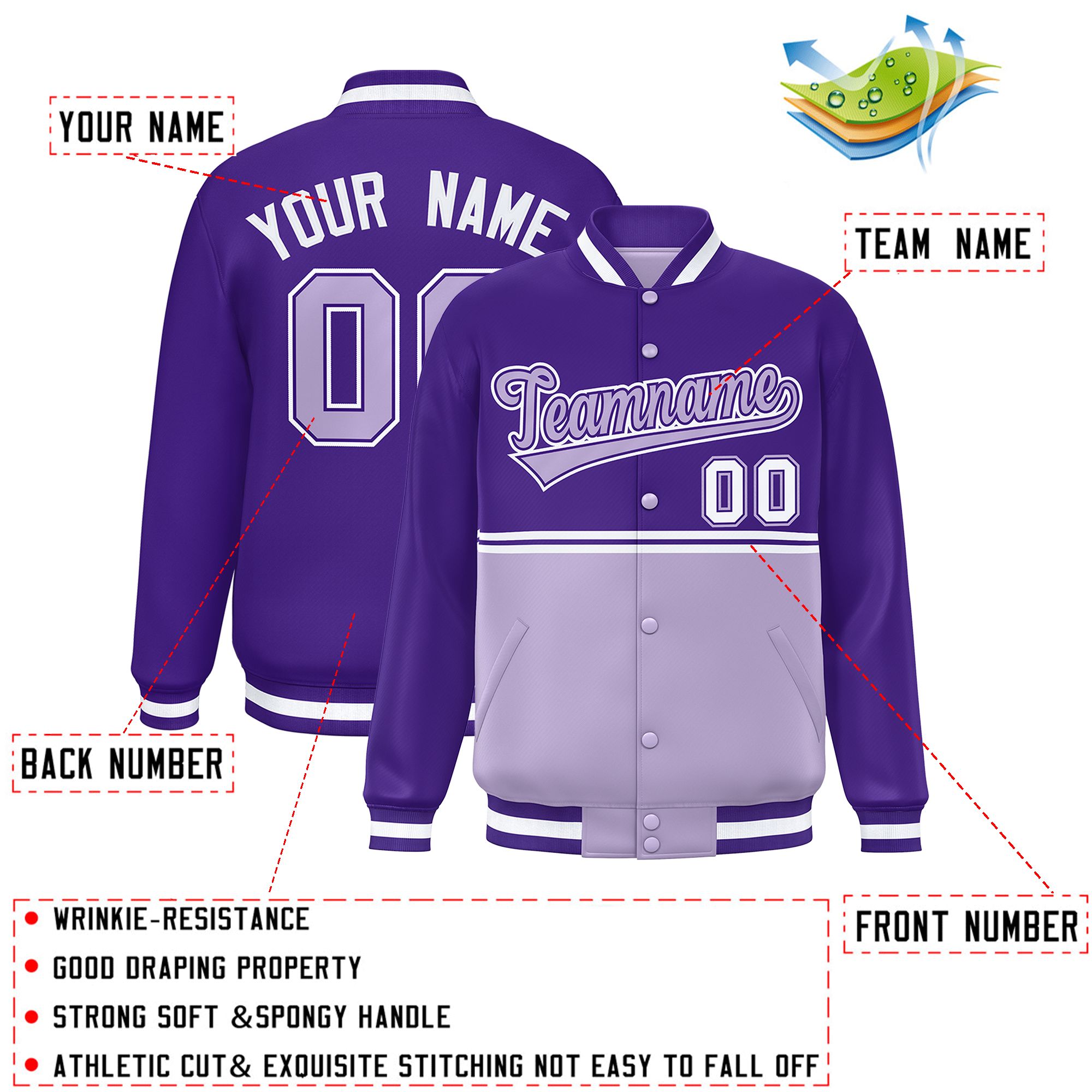 Custom Purple Light Purple Varsity Full-Snap Color Block Letterman Jacket