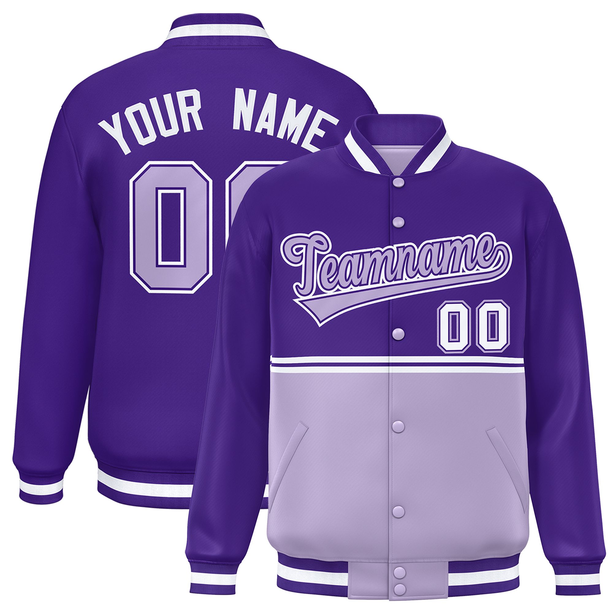 Custom Purple Light Purple Varsity Full-Snap Color Block Letterman Jacket