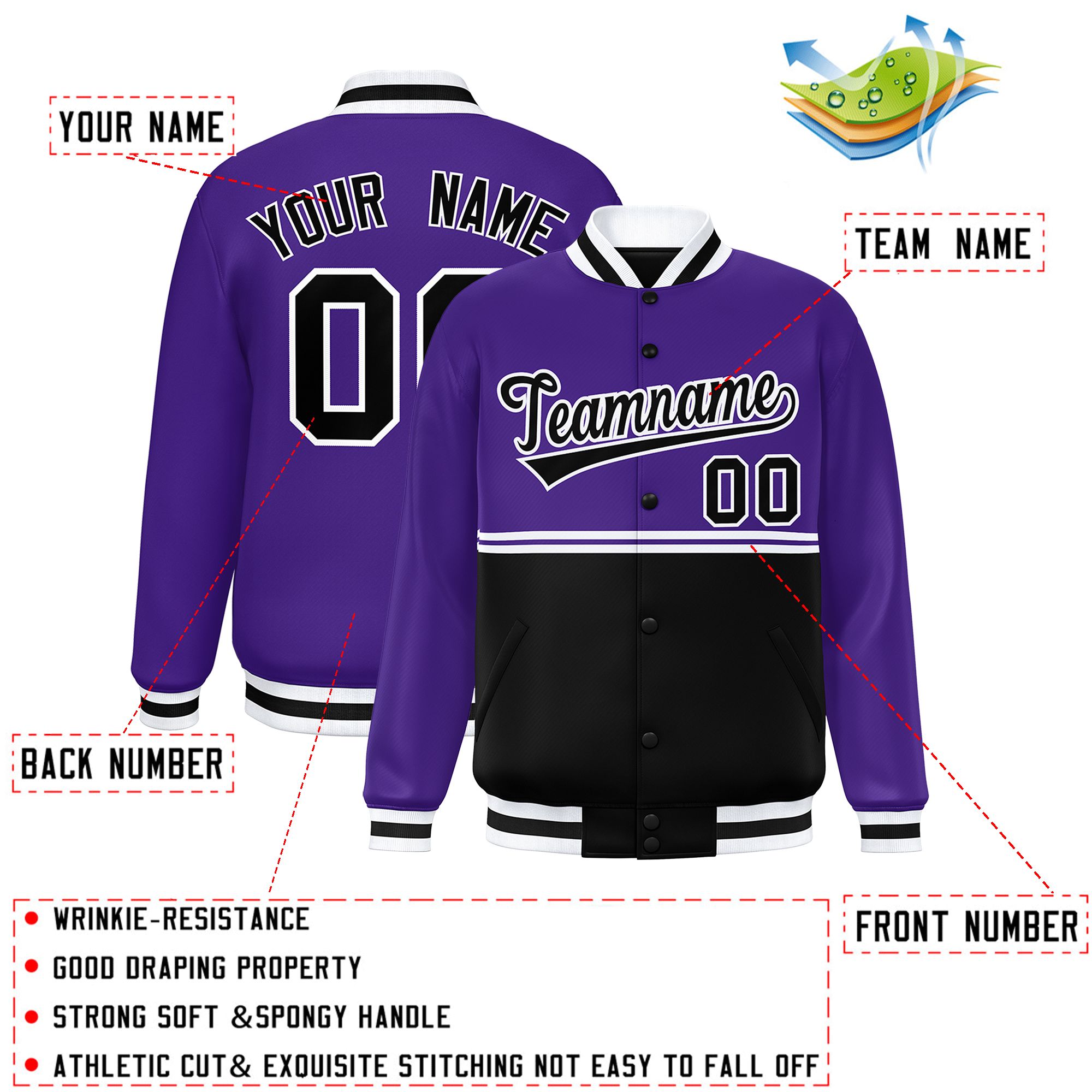 Custom Purple Black Varsity Full-Snap Color Block Letterman Jacket