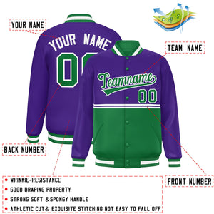 Custom Purple Kelly Green Varsity Full-Snap Color Block Letterman Jacket