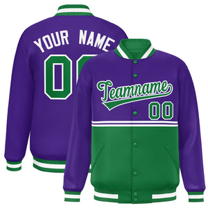 Custom Purple Kelly Green Varsity Full-Snap Color Block Letterman Jacket