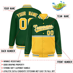 Custom Green Gold Varsity Full-Snap Color Block Letterman Jacket