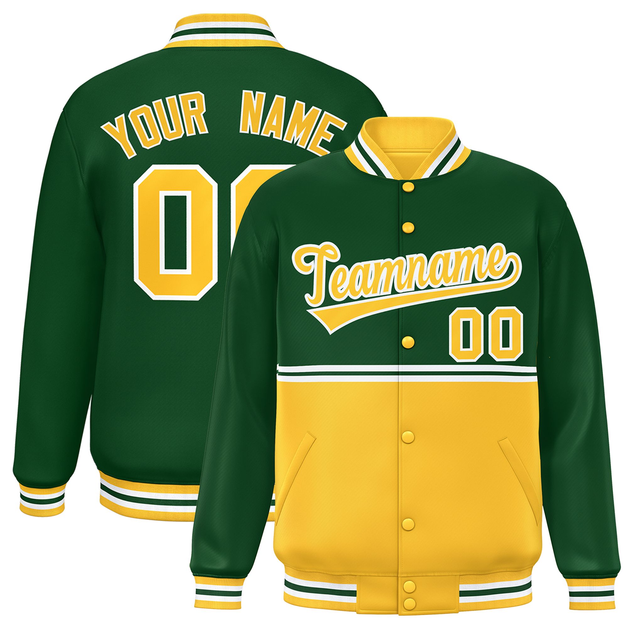 Custom Green Gold Varsity Full-Snap Color Block Letterman Jacket