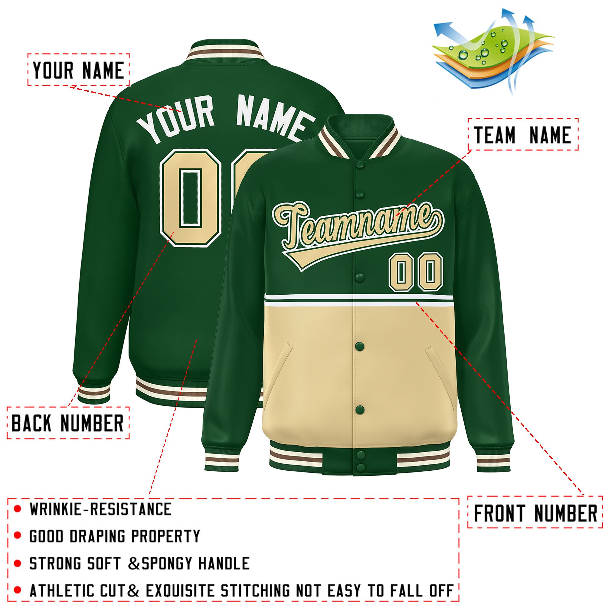 Custom Green Khaki Varsity Full-Snap Color Block Letterman Jacket