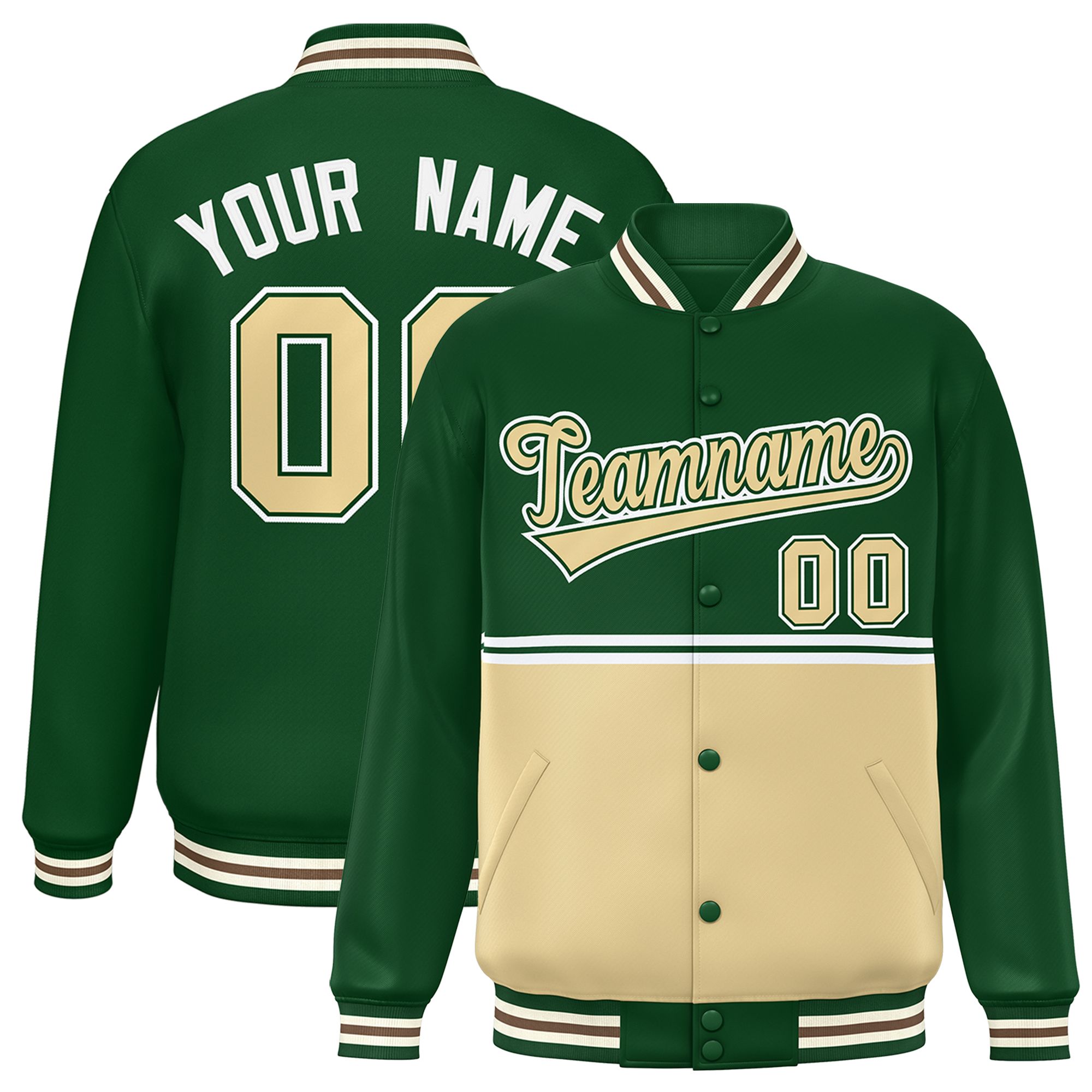 Custom Green Khaki Varsity Full-Snap Color Block Letterman Jacket