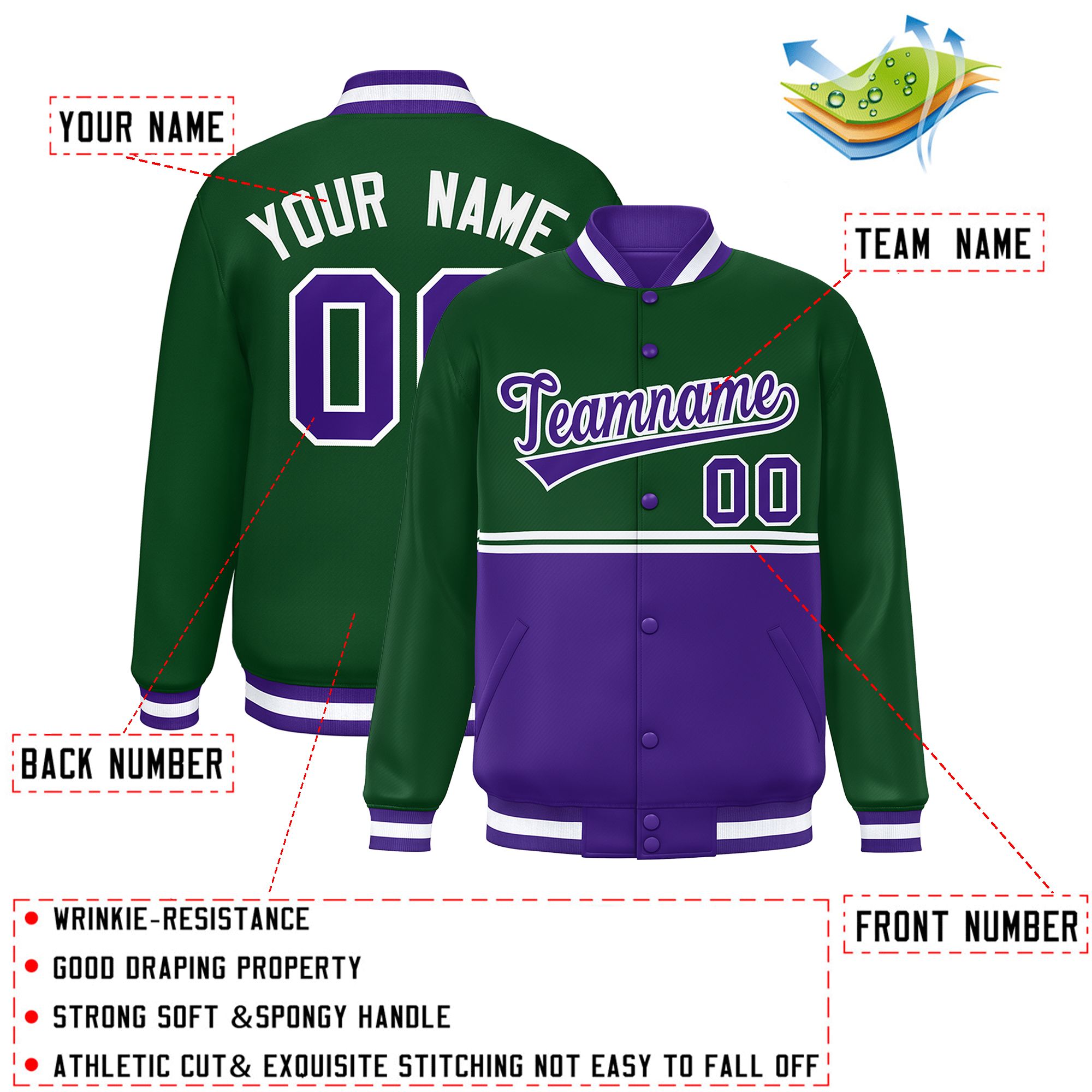 Custom Green Purple Varsity Full-Snap Color Block Letterman Jacket