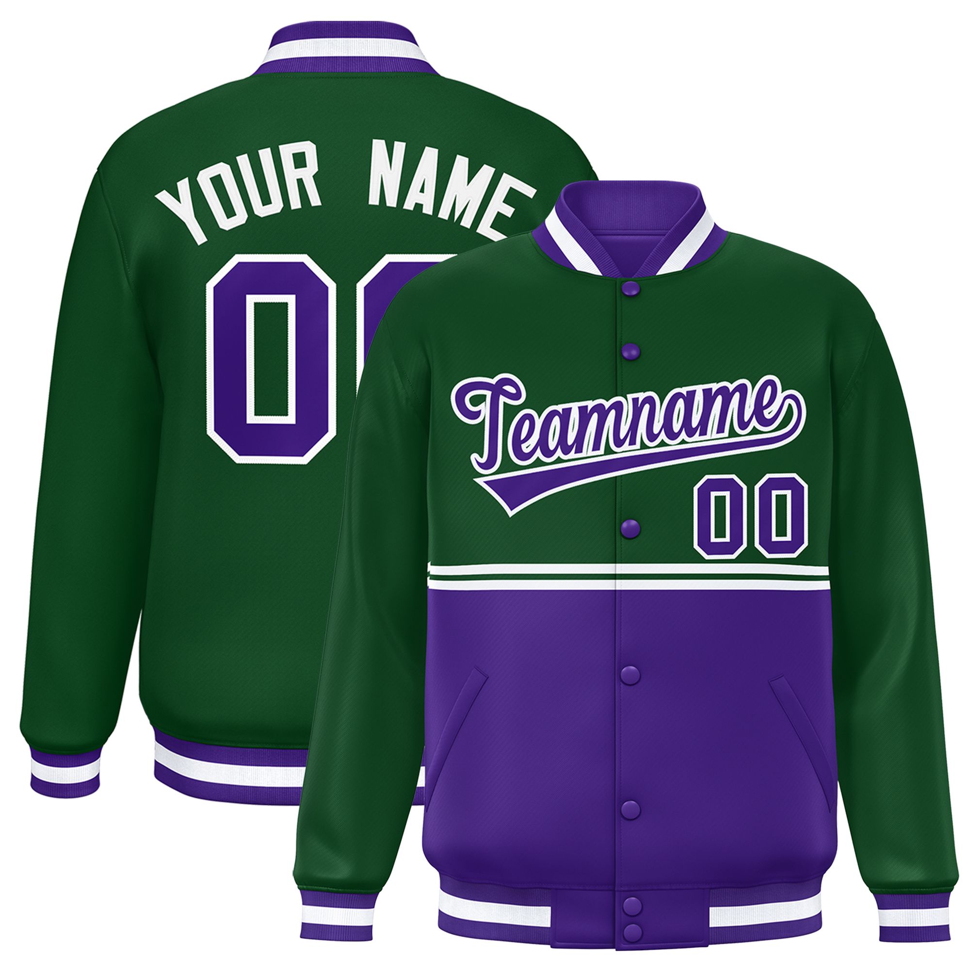 Custom Green Purple Varsity Full-Snap Color Block Letterman Jacket