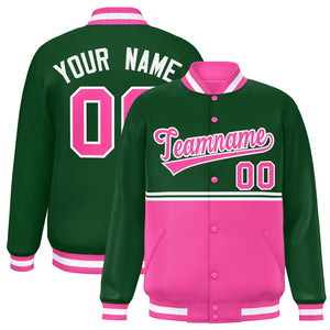 Custom Green Pink Varsity Full-Snap Color Block Letterman Jacket