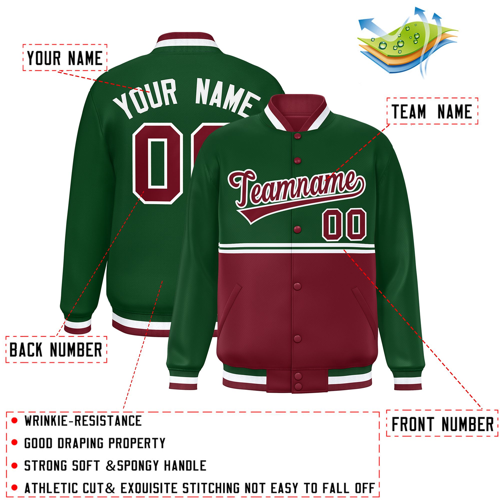 Custom Green Crimson Varsity Full-Snap Color Block Letterman Jacket