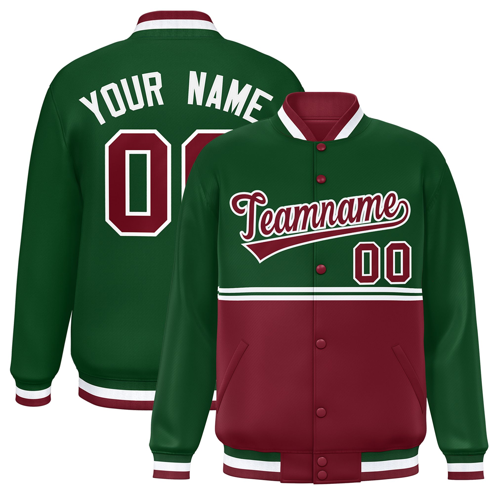 Custom Green Crimson Varsity Full-Snap Color Block Letterman Jacket