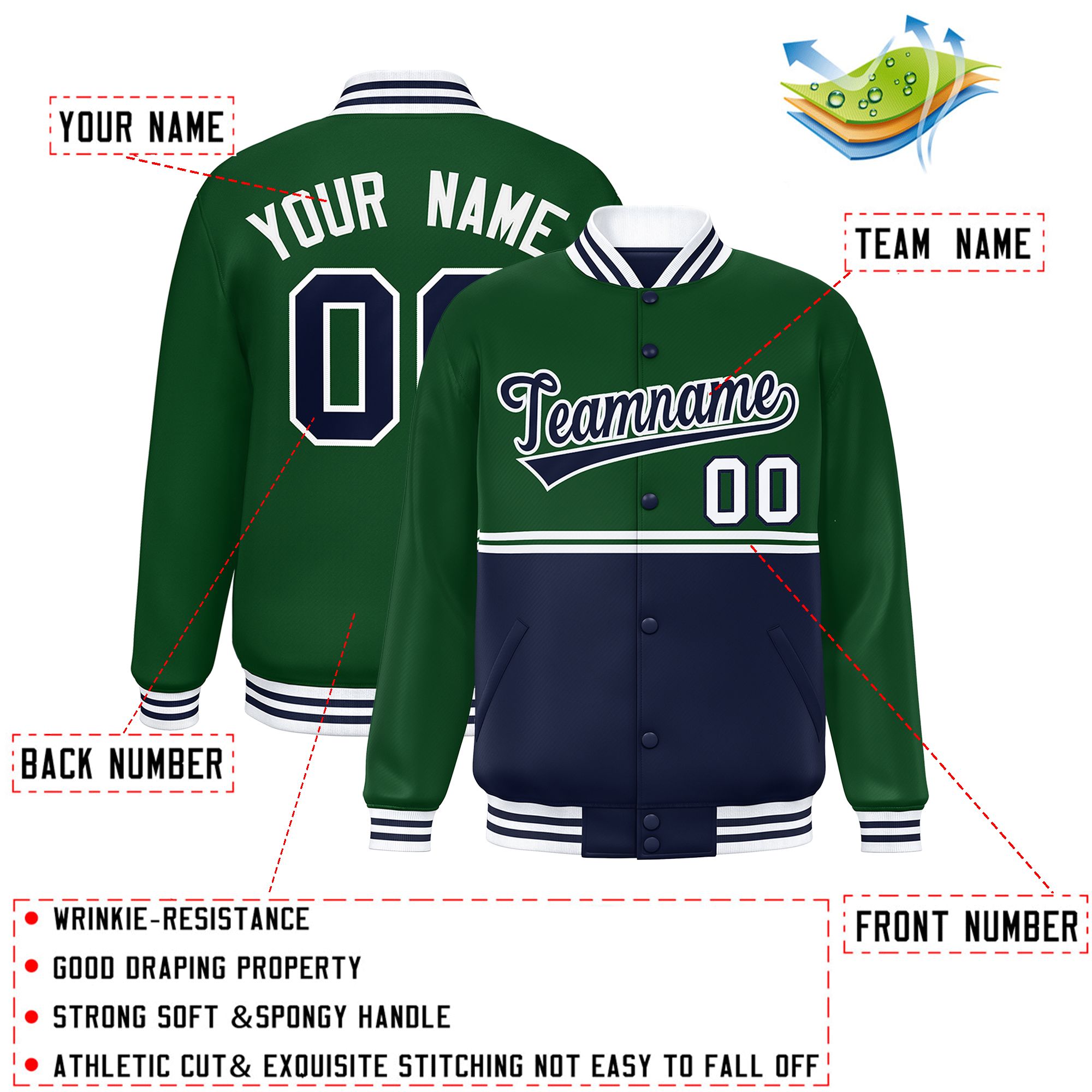 Custom Green Navy Varsity Full-Snap Color Block Letterman Jacket