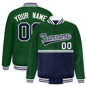 Custom Green Navy Varsity Full-Snap Color Block Letterman Jacket