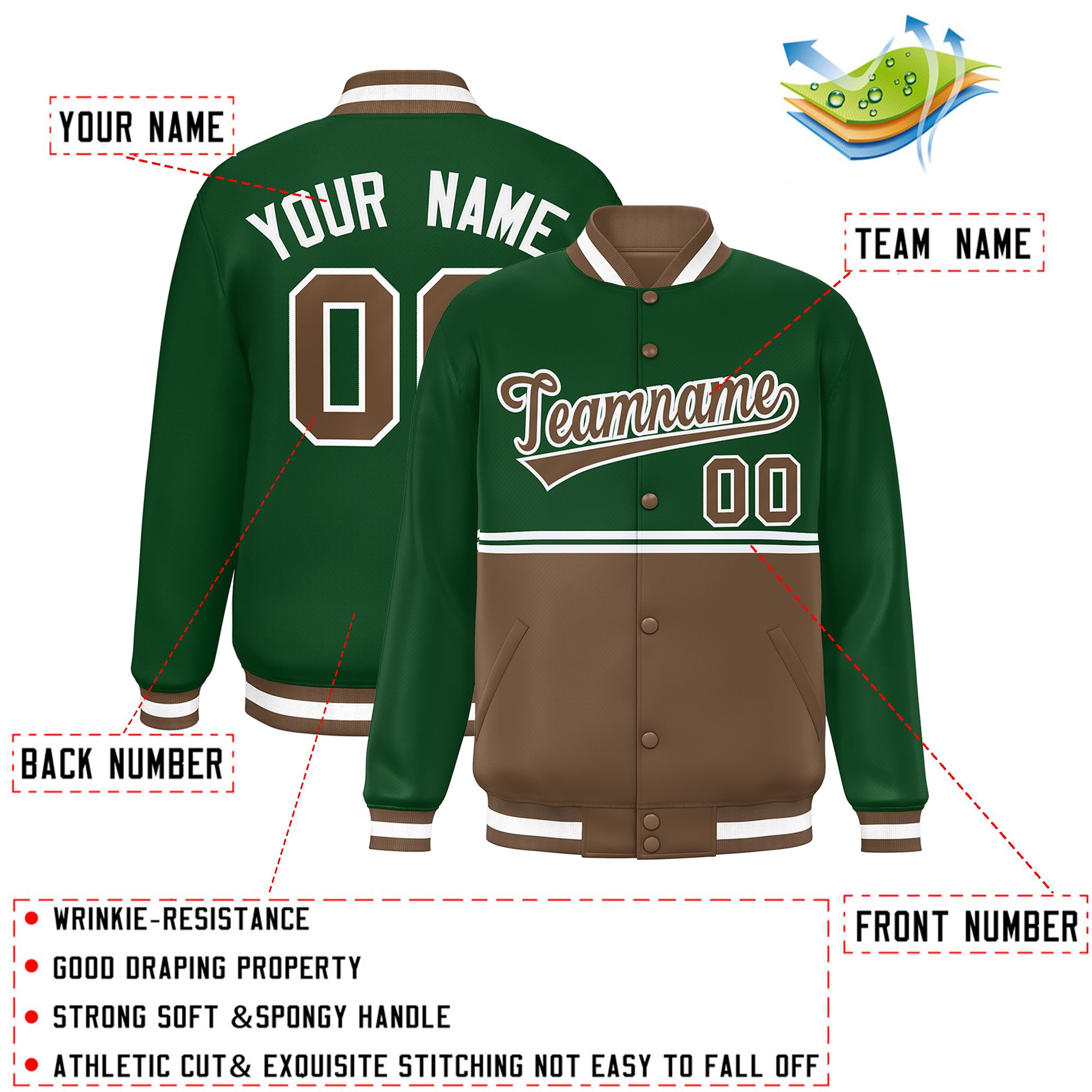 Custom Green Light Brown Varsity Full-Snap Color Block Letterman Jacket