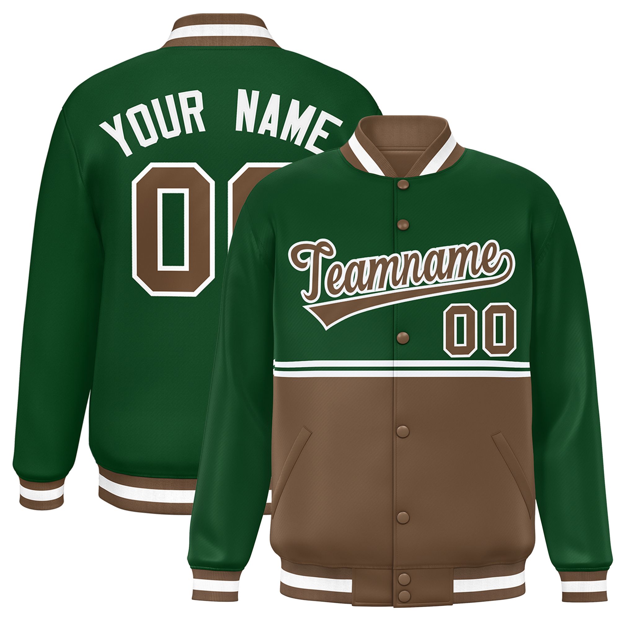 Custom Green Light Brown Varsity Full-Snap Color Block Letterman Jacket