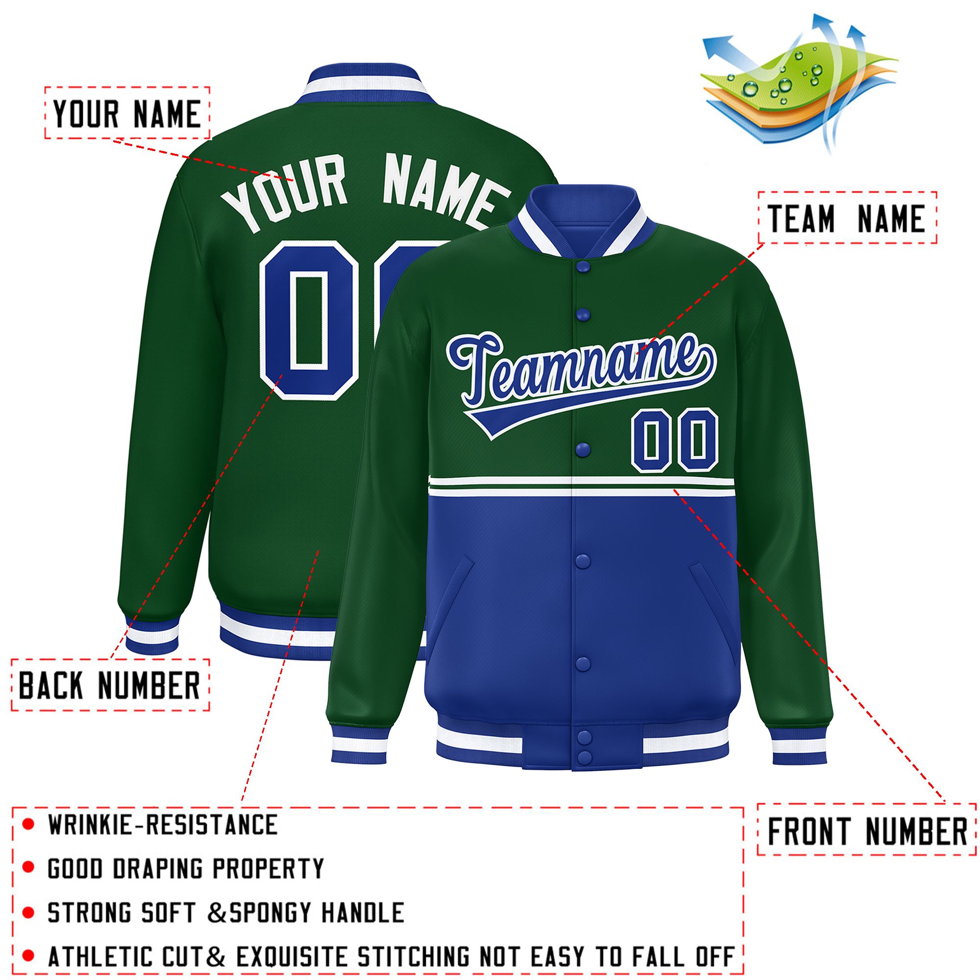 Custom Green Royal Varsity Full-Snap Color Block Letterman Jacket