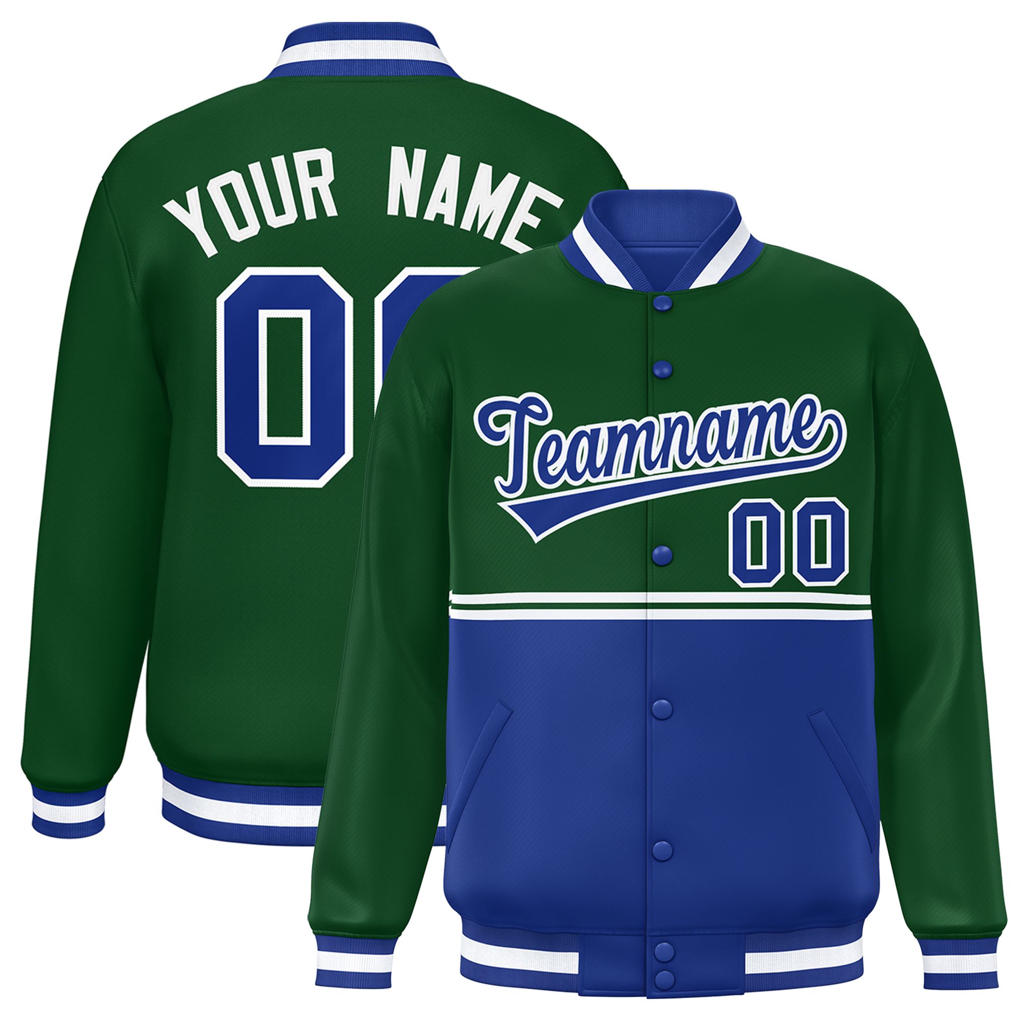 Custom Green Royal Varsity Full-Snap Color Block Letterman Jacket