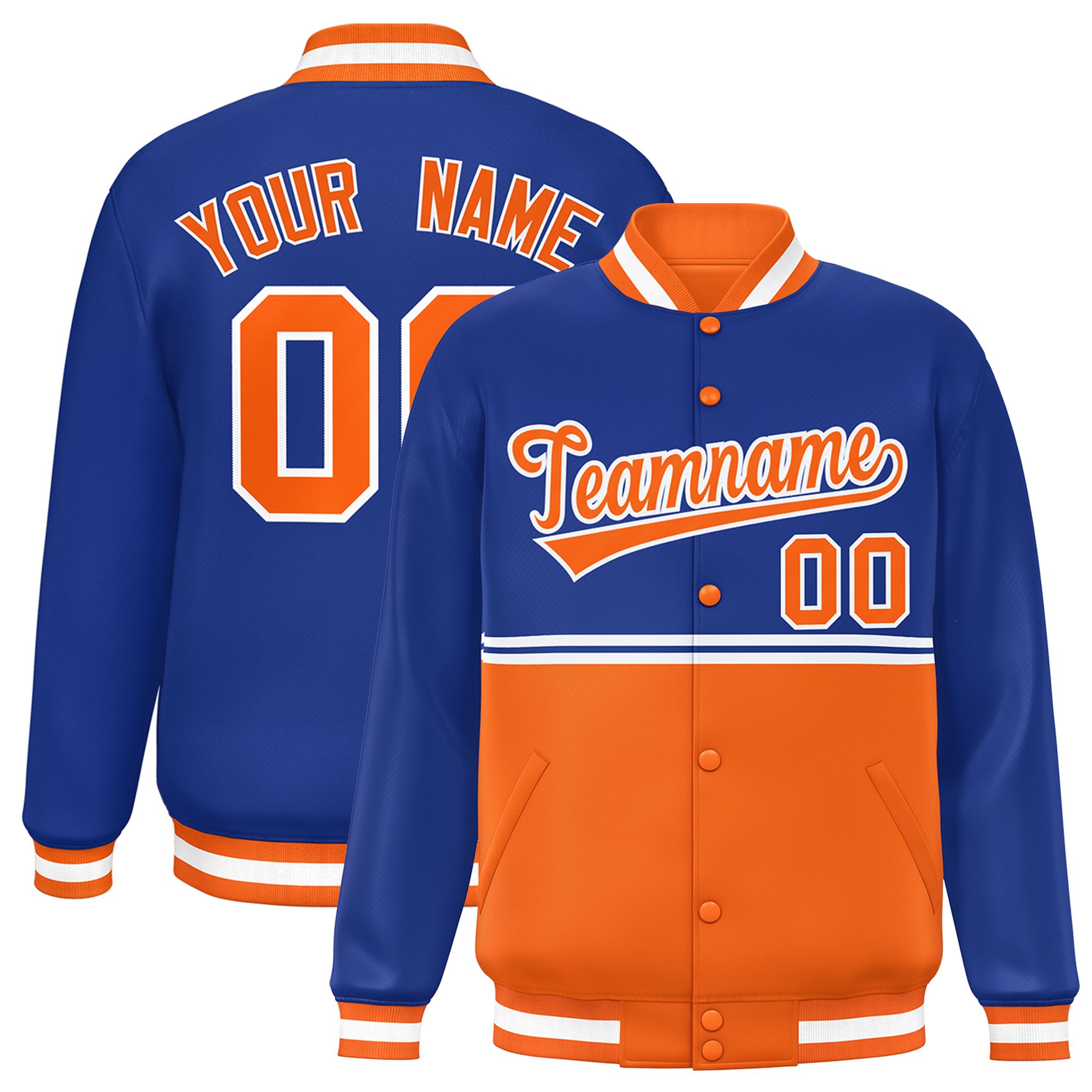 Custom Royal Orange Varsity Full-Snap Color Block Letterman Jacket