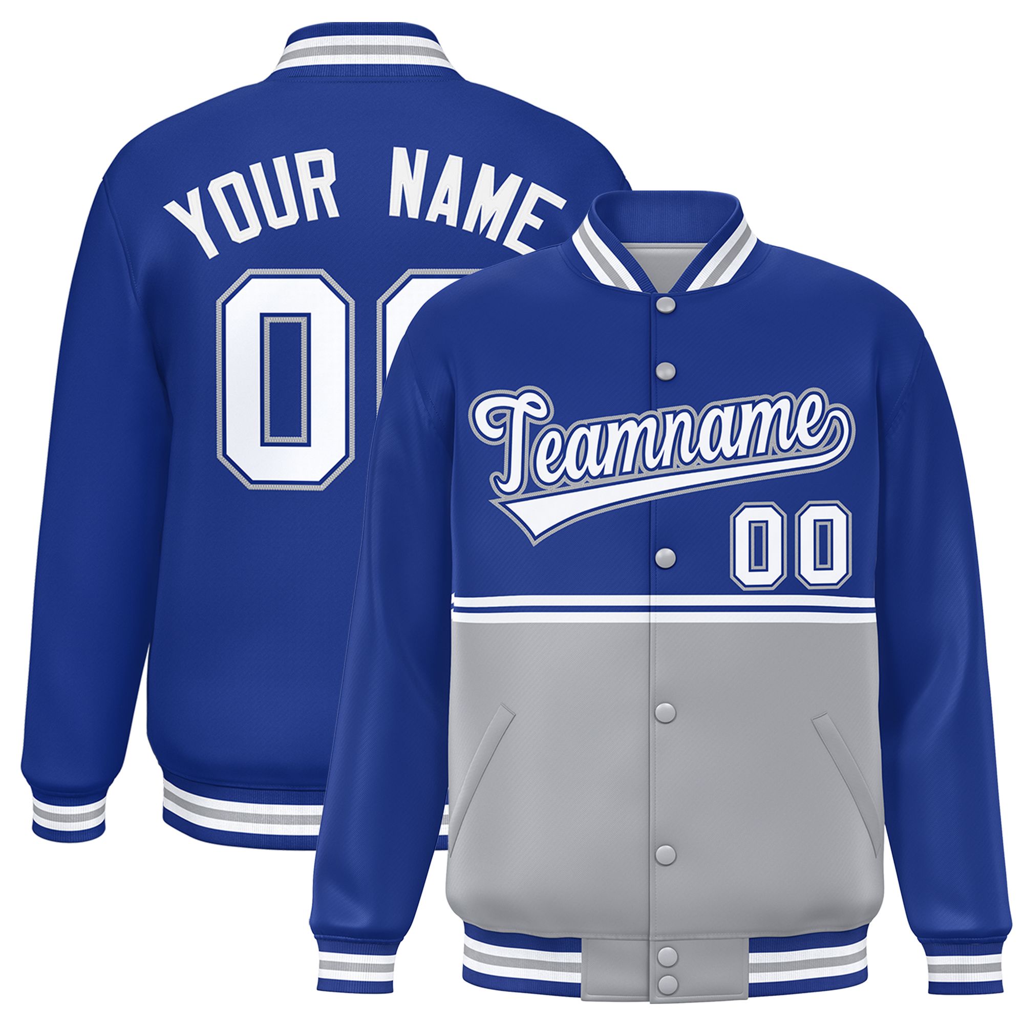 Custom Royal Gray Varsity Full-Snap Color Block Letterman Jacket