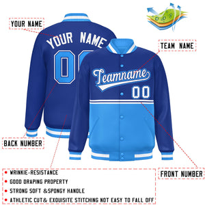 Custom Royal Powder Blue Varsity Full-Snap Color Block Letterman Jacket