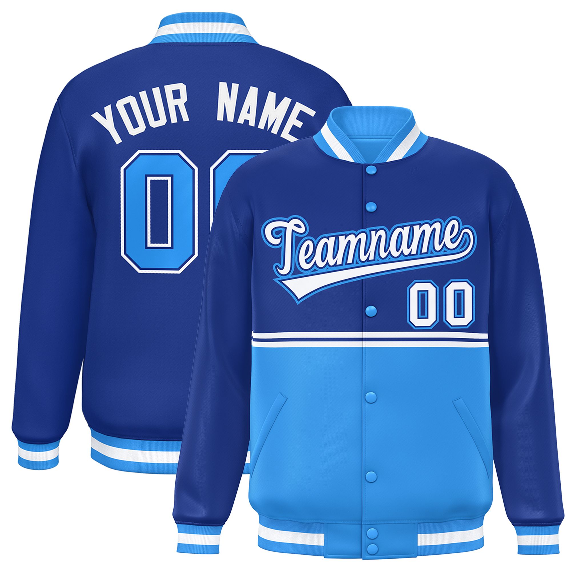 Custom Royal Powder Blue Varsity Full-Snap Color Block Letterman Jacket