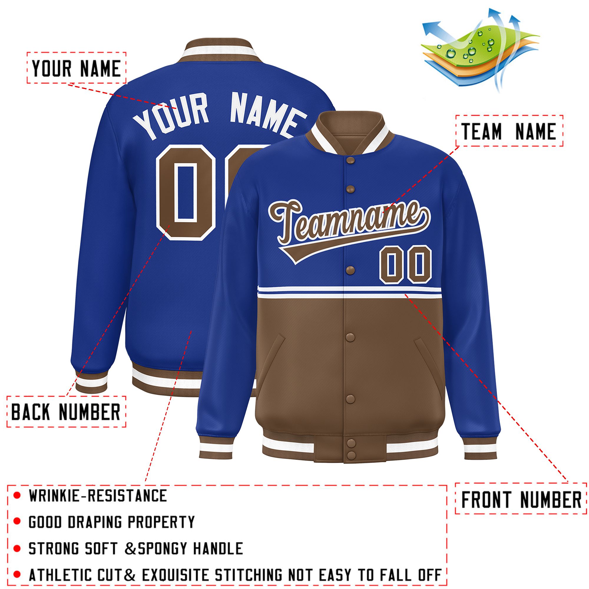 Custom Royal Light Brown Varsity Full-Snap Color Block Letterman Jacket