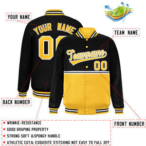 Custom Black Gold Varsity Full-Snap Color Block Letterman Jacket