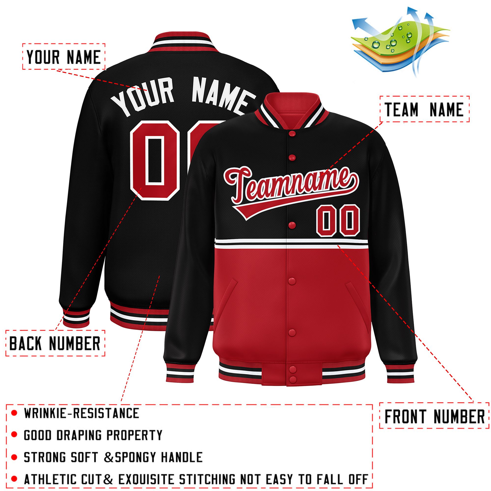 Custom Black Red Varsity Full-Snap Color Block Letterman Jacket