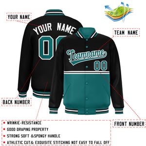 Custom Black Aqua Varsity Full-Snap Color Block Letterman Jacket