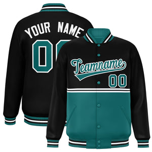 Custom Black Aqua Varsity Full-Snap Color Block Letterman Jacket