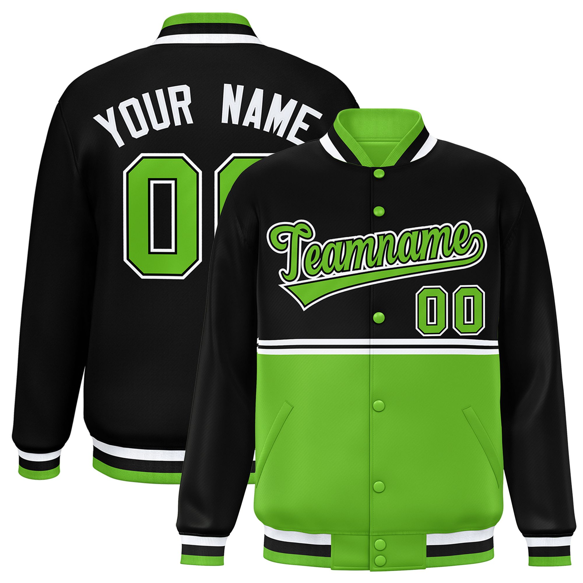 Custom Black Green Varsity Full-Snap Color Block Letterman Jacket