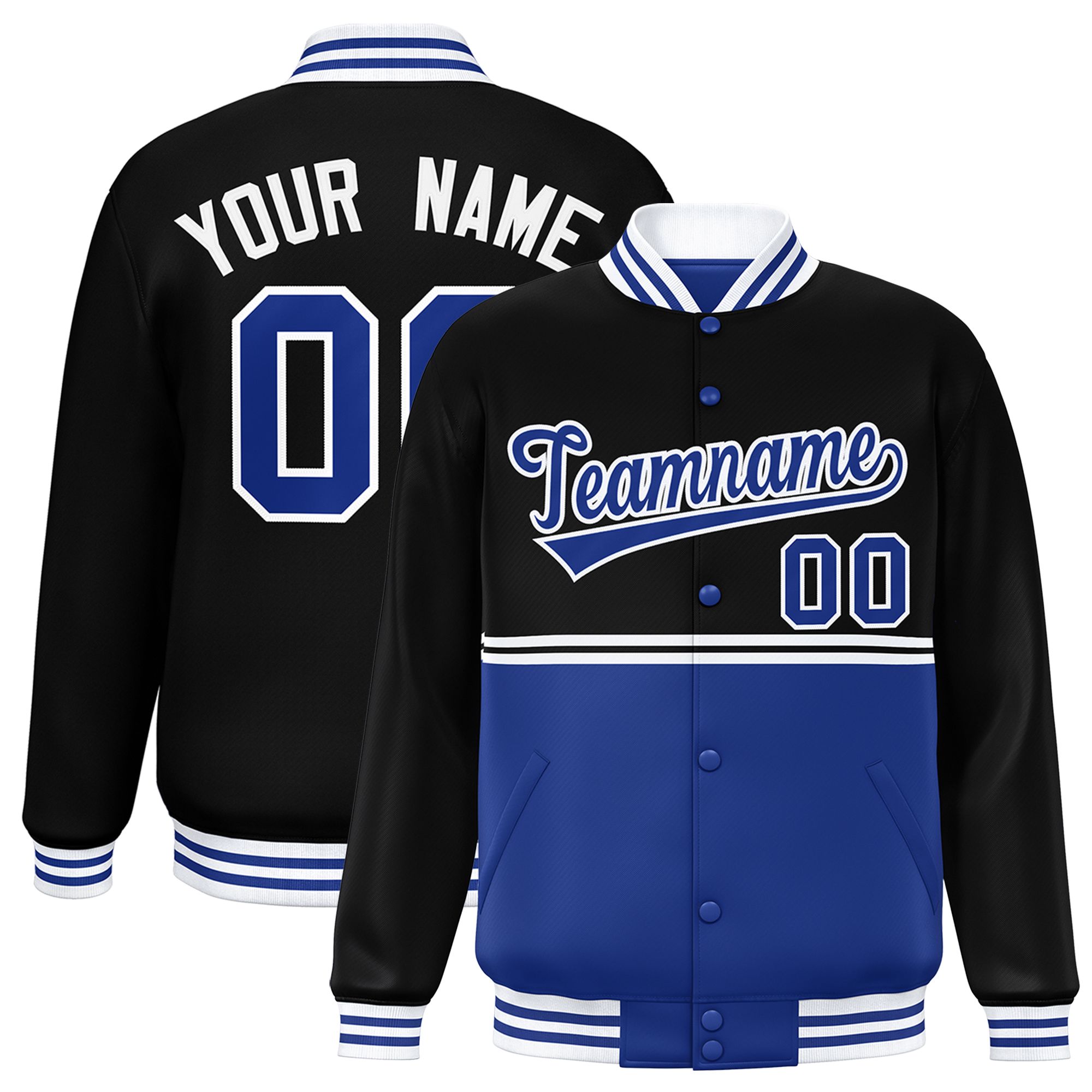 Custom Black Royal Varsity Full-Snap Color Block Letterman Jacket