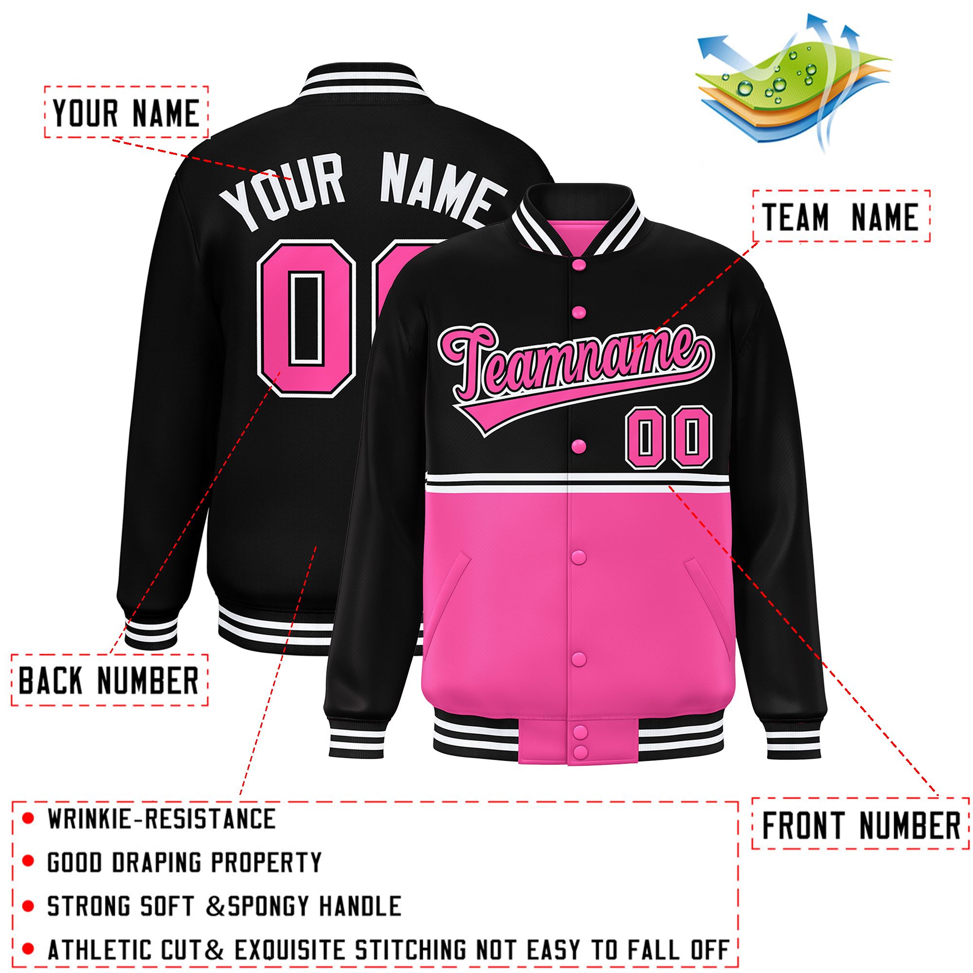 Custom Black Pink Varsity Full-Snap Color Block Letterman Jacket