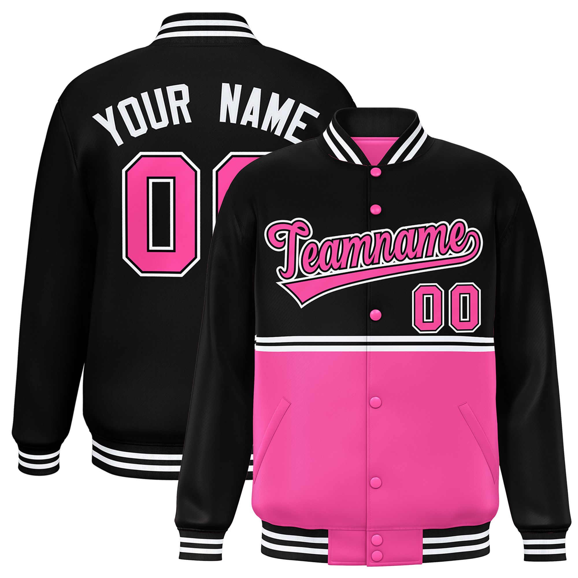 Custom Black Pink Varsity Full-Snap Color Block Letterman Jacket