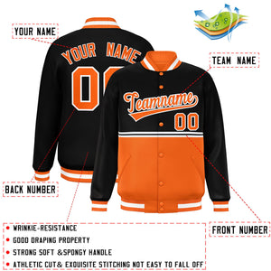 Custom Black Orange Varsity Full-Snap Color Block Letterman Jacket